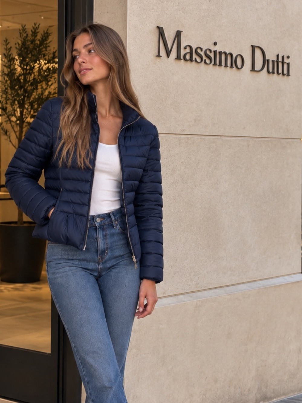 Massimo Dutti Feather Down Navy Puffer Jacket Gold Zip Size S